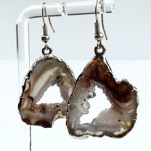 Boho Oco Agate Druzy Geode Earrings‎ Brown Cream Swirl Silver Trim Dangle Drop